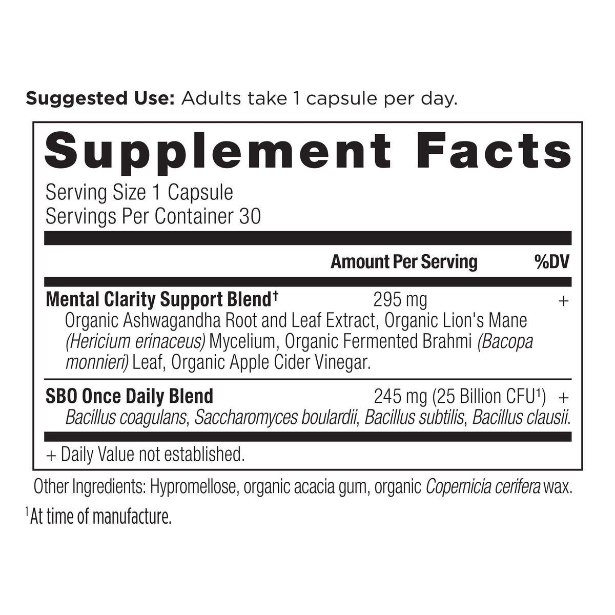 SBO Probiotics Mental Clarity Once Daily (30 Capsules) supplement facts panel