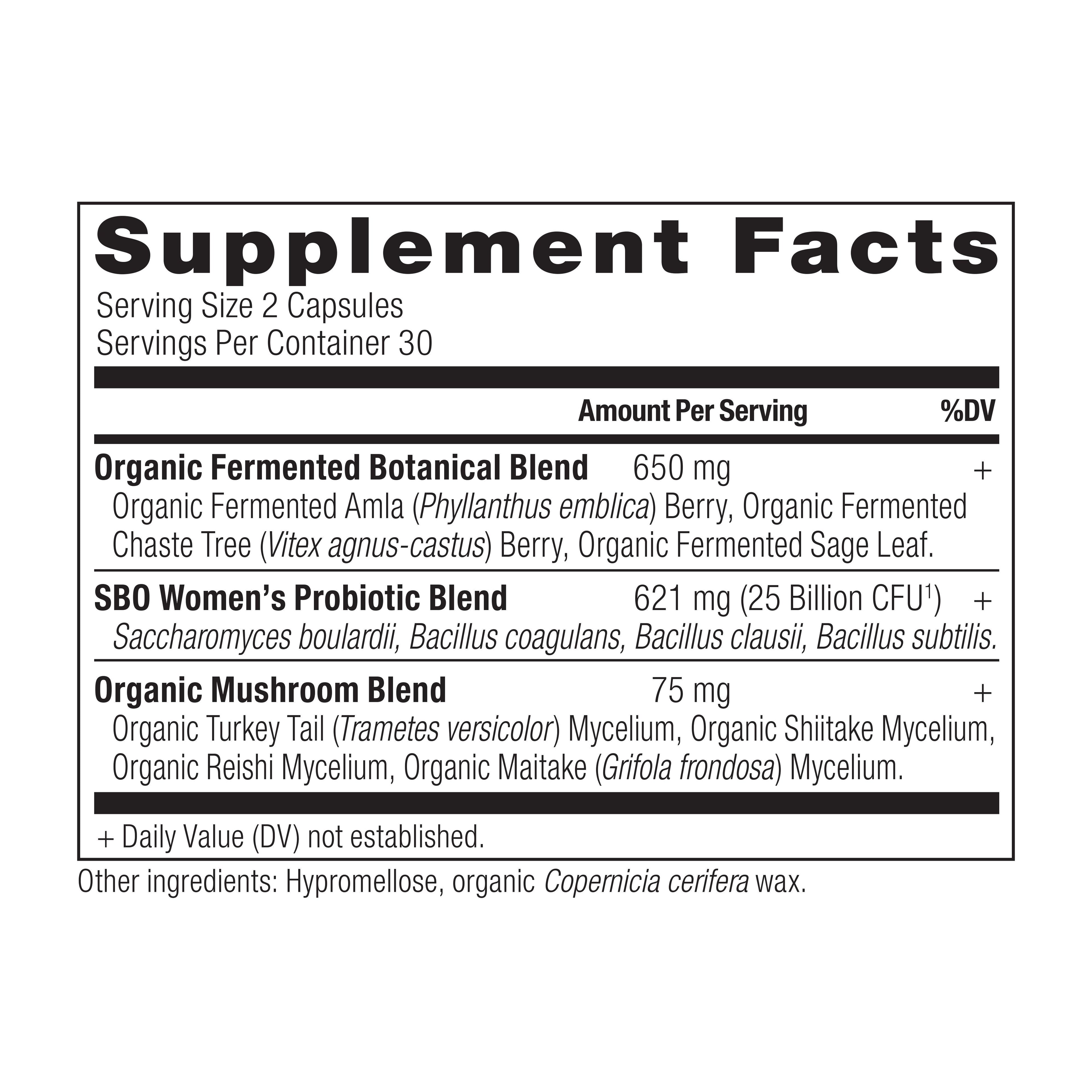SBO Probiotics Women's Capsules (60 Capsules) supplement facts panel