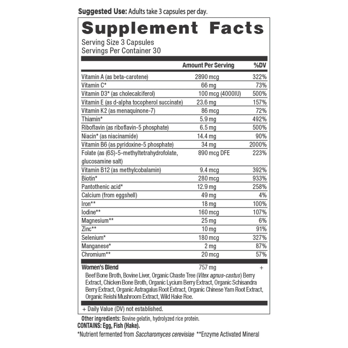 Ancient Multivitamin Women's Capsules (90 Capsules) supplement facts panel