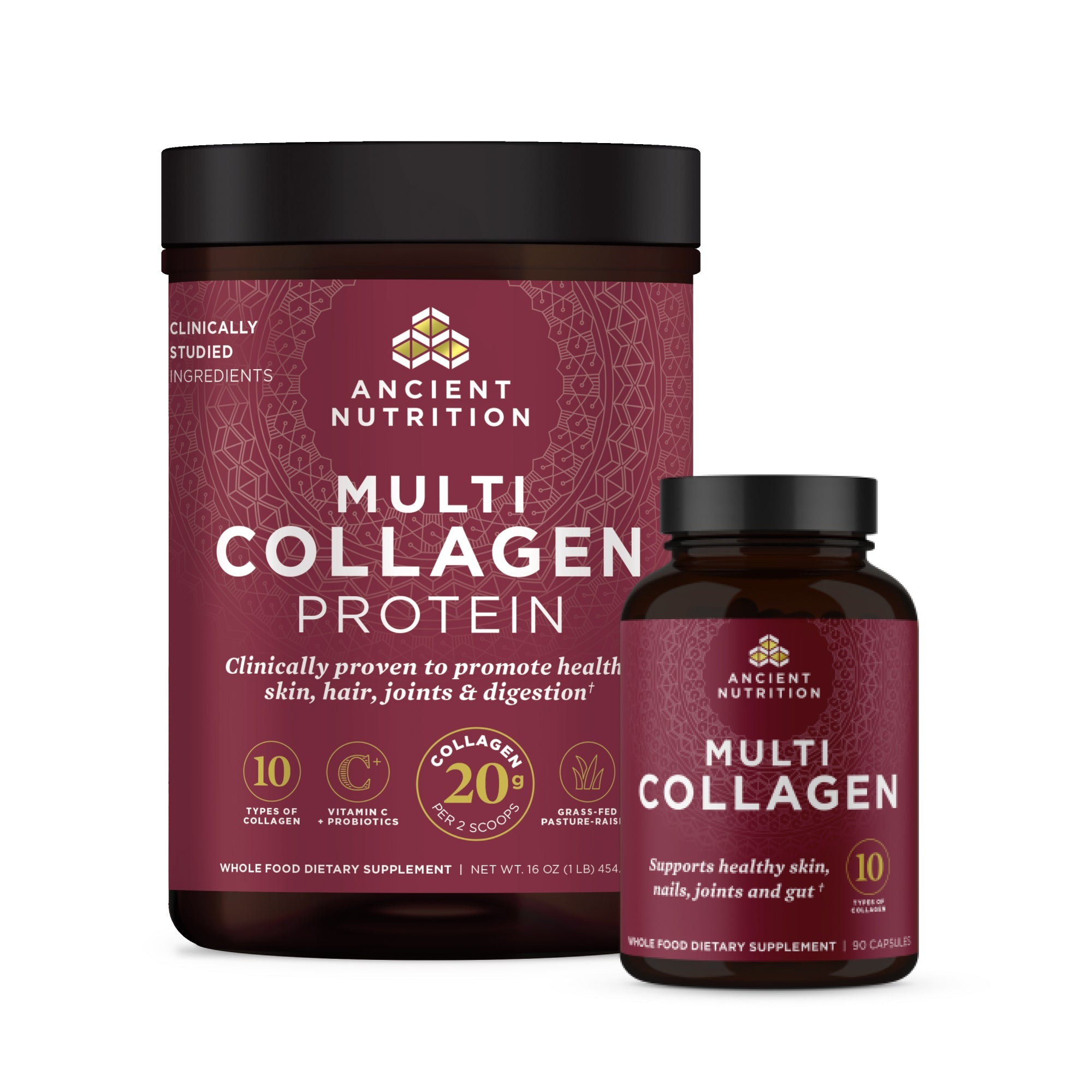 multi collagen powder and capsules bottles side by side