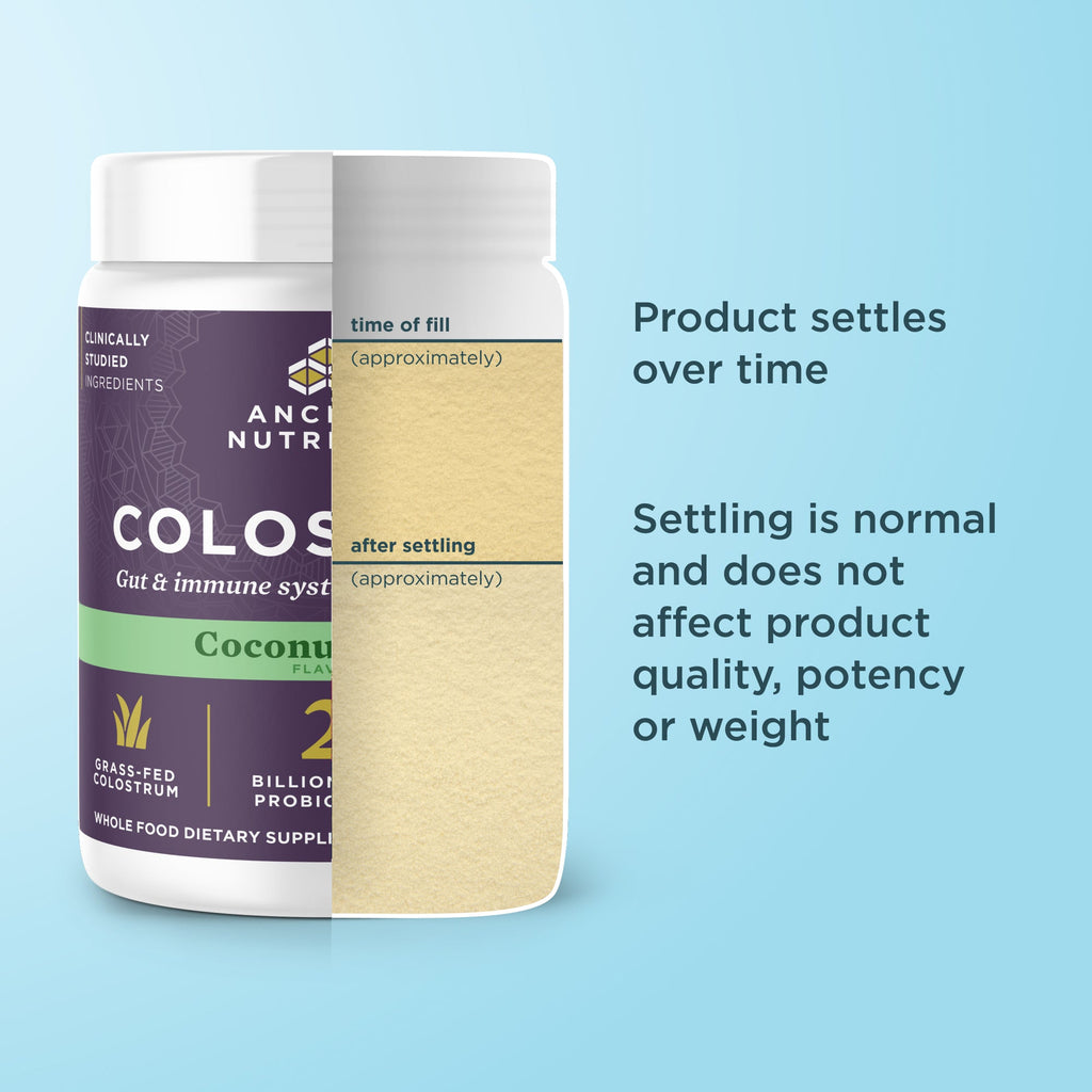 Ancient Nutrition Colostrum Powder Coconut Lime Flavor (60 Servings) supplement bottle shown on a light blue background with explanatory text about settling powder over time.
