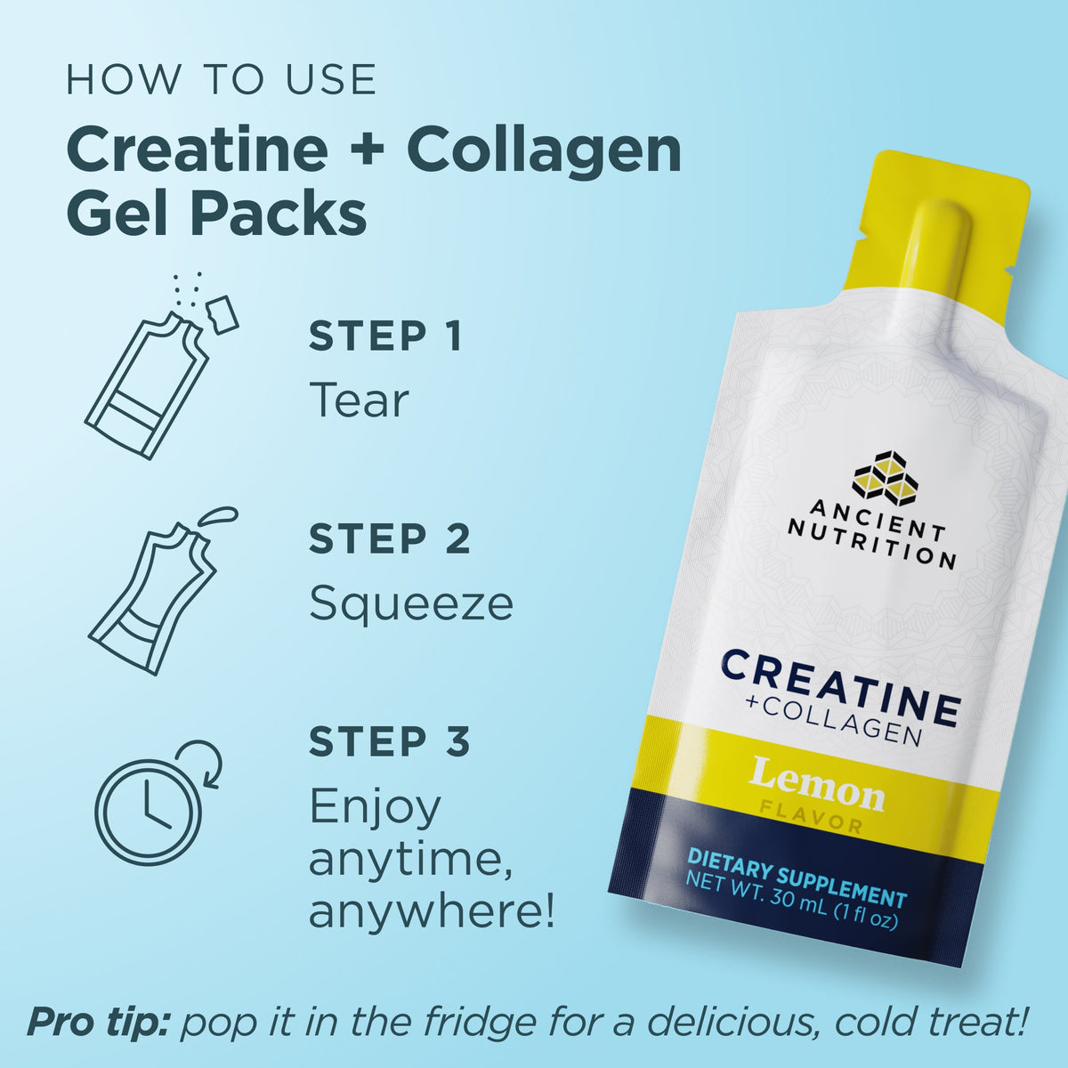 Ancient Nutrition Creatine + Collagen gel pack with usage instructions on a light blue background