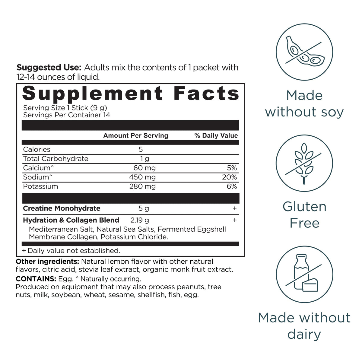 Creatine + Collagen + Electrolytes Stick Packs Powder Lemon (14 Servings) supplement facts panel