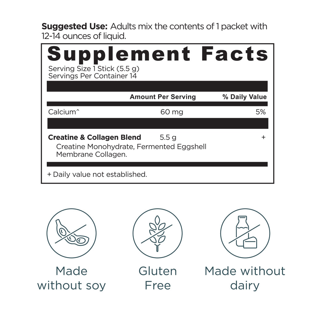 Creatine + Collagen Stick Packs Powder Unflavored (14 Servings) supplement facts panel