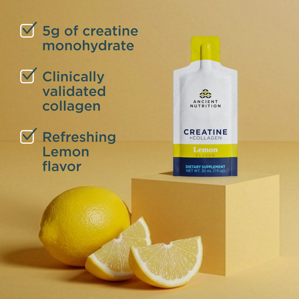 Ancient Nutrition Creatine Collagen supplement package with lemon on a beige background