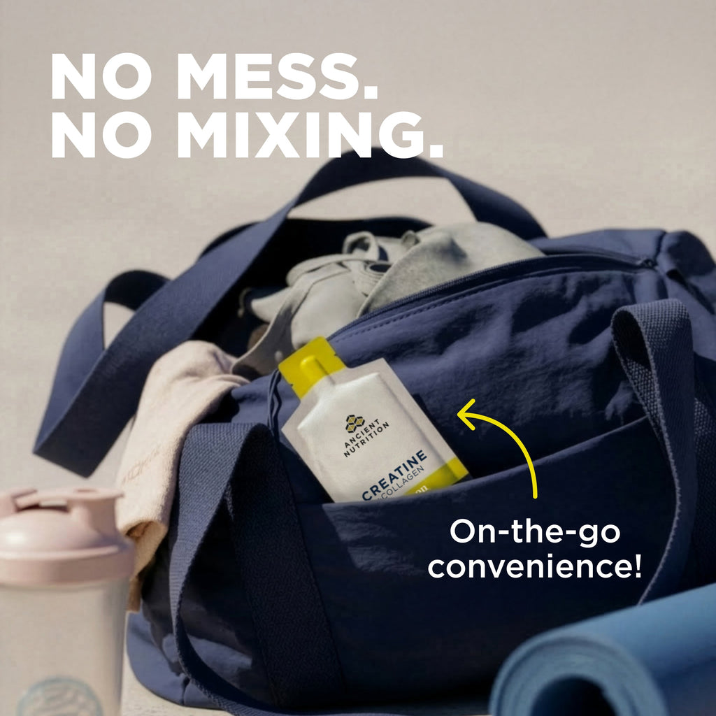 Navy gym bag with supplements and text 'No mess. No mixing.'