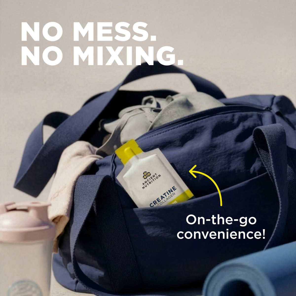 Navy gym bag with supplements and text 'No mess. No mixing.'