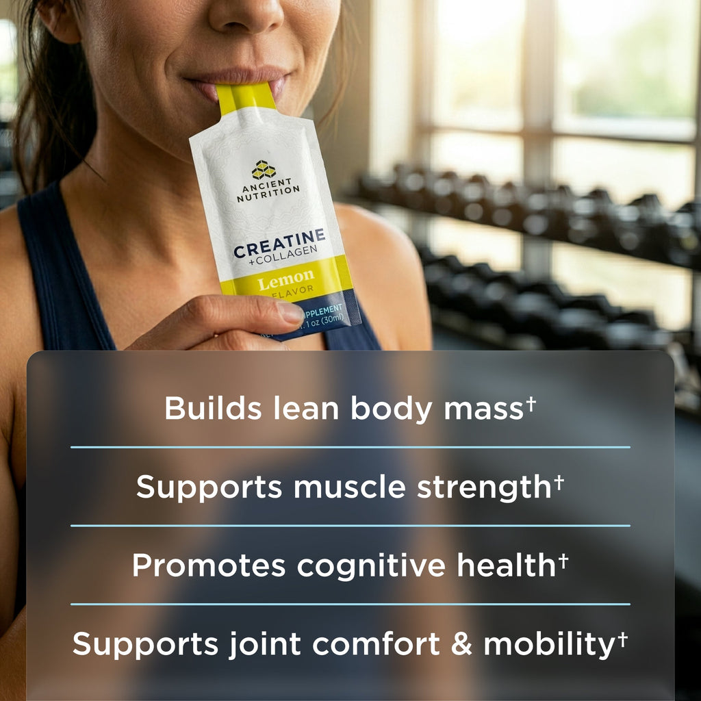 a person taking a creatine + collagen lemon gel packet