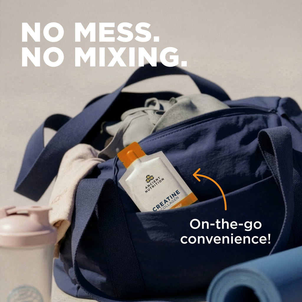 Navy duffel bag with a supplement bottle labeled 'Creatine' and text 'No mess. No mixing.' on a neutral background.