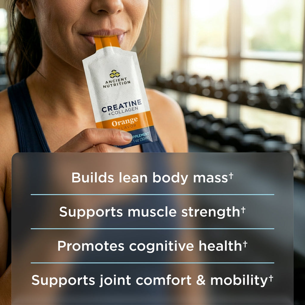 a person taking a Creatine + Collagen orange flavor gel pack