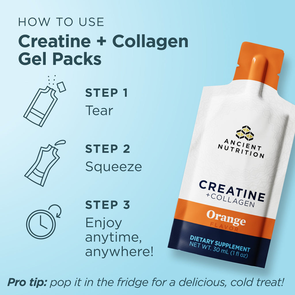 Ancient Nutrition Creatine + Collagen gel pack with usage instructions on a light blue background