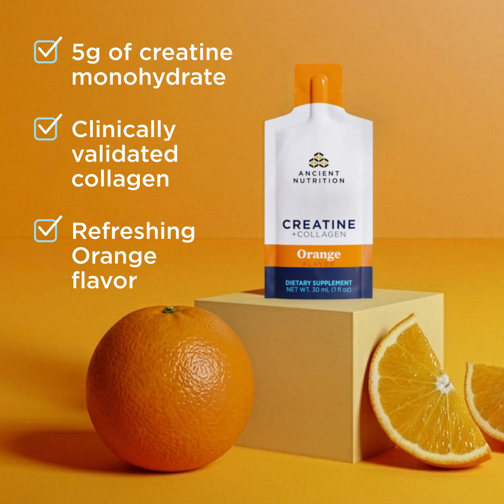 Ancient Nutrition Creatine Collagen supplement packaging with an orange on an orange background