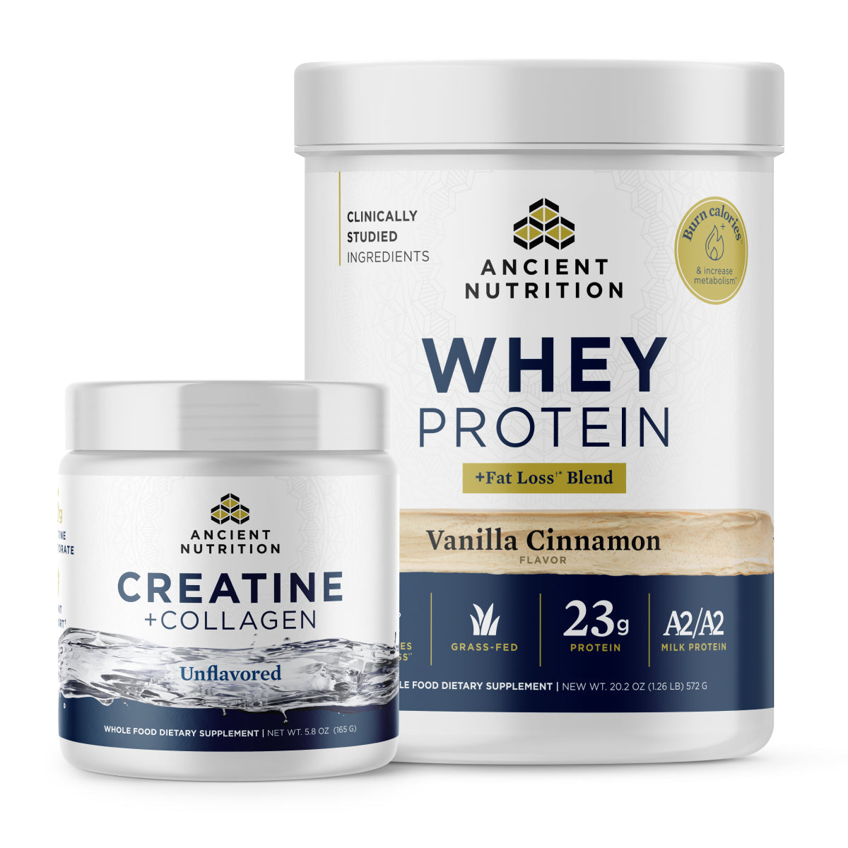 Two Ancient Nutrition supplement containers, one for creatine + collagen and the other for whey protein, on a white background.