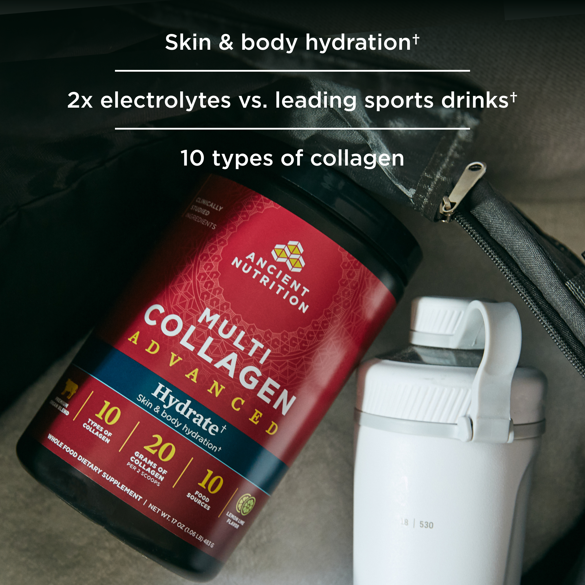 a bottle ofMulti Collagen Advanced Hydrate Powder Lemon Lime next to a shaker bottle