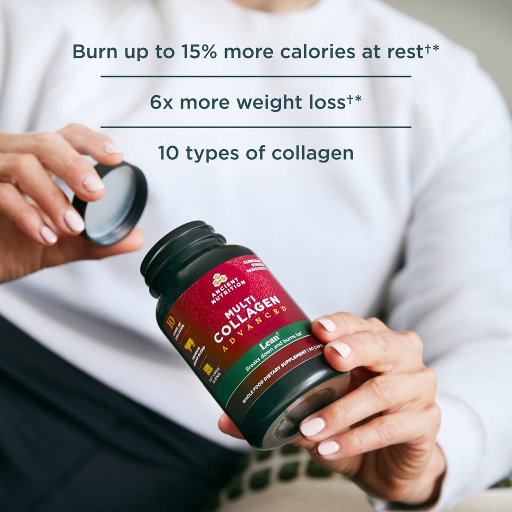 a person holding a bottle of Multi Collagen Advanced Lean Capsules (30 Servings) with product benefits listed