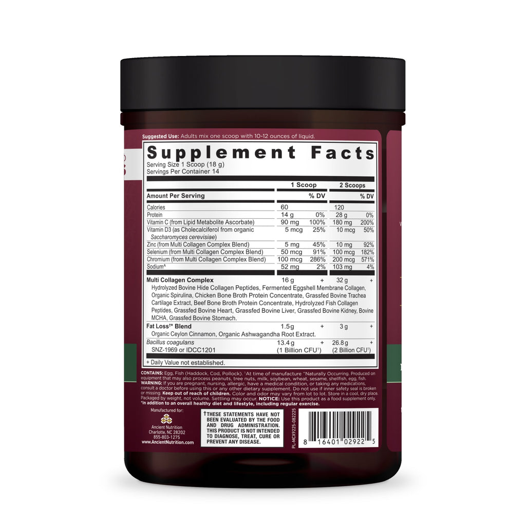 Multi Collagen Advanced Lean Powder Cinnamon (14 Servings) back of bottle with focus on the supplement facts panel