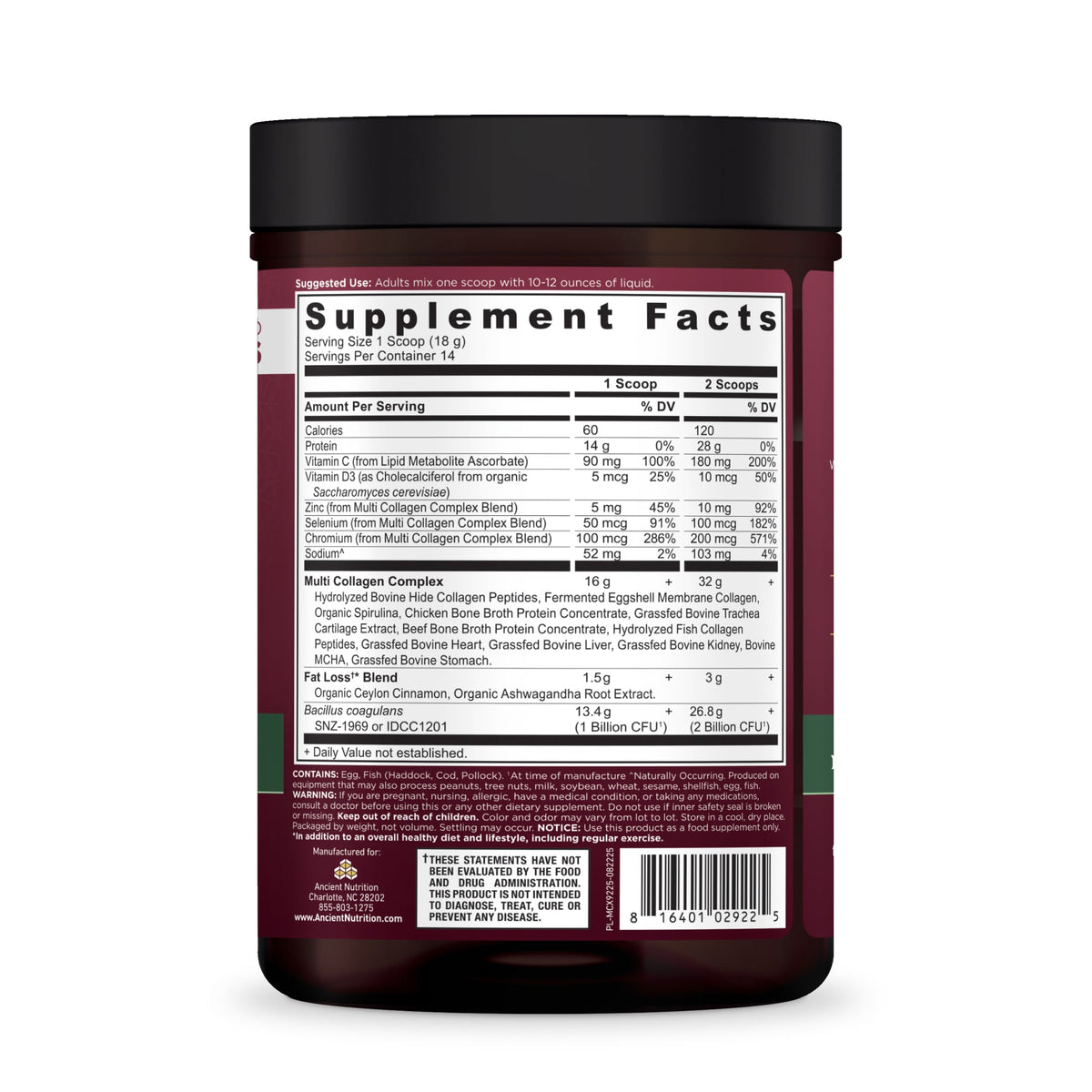 Multi Collagen Advanced Lean Powder Cinnamon (14 Servings) back of bottle with focus on the supplement facts panel