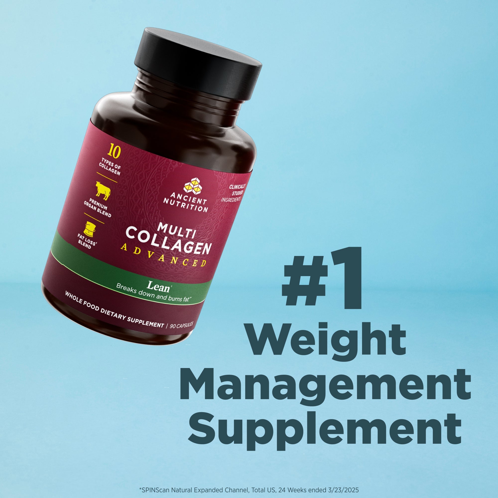 Ancient Nutrition Multi Collagen Advanced supplement bottle on a blue background with text saying it's the #1 weight management supplement.