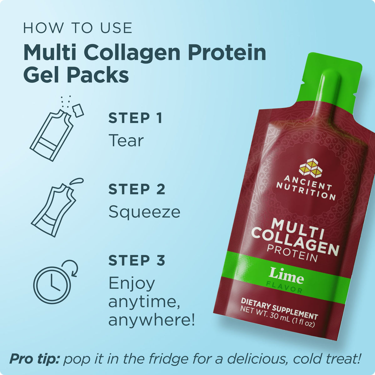 Ancient Nutrition Multi Collagen Protein Gel Pack with usage instructions on a light blue background