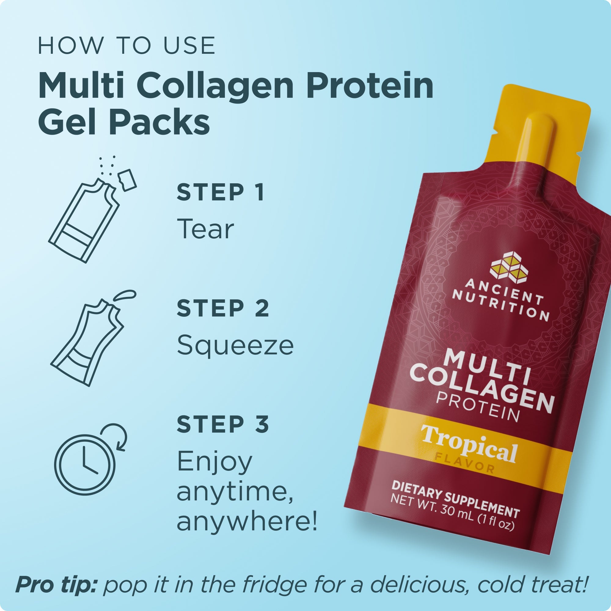 Ancient Nutrition Multi Collagen Protein Gel Pack with usage instructions on a light blue background
