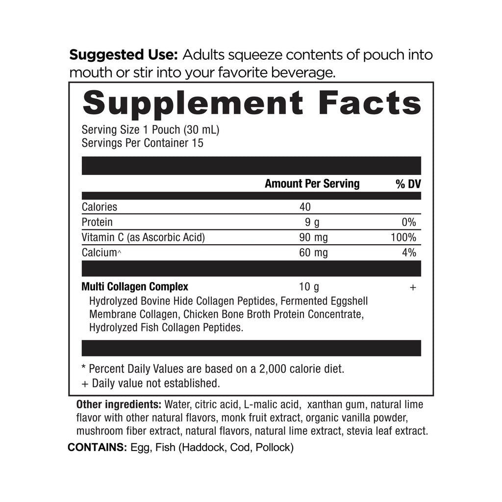Supplement facts label for a product with serving size, calories, protein, vitamin C, calcium, and other ingredients listed.