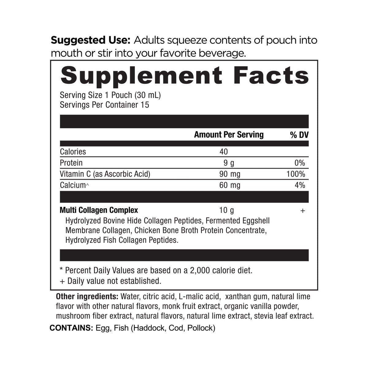 Supplement facts label for a product with serving size, calories, protein, vitamin C, calcium, and other ingredients listed.