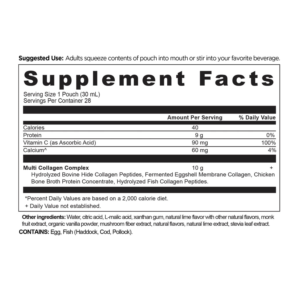 Supplement facts label for a multi-collagen complex supplement on a white background