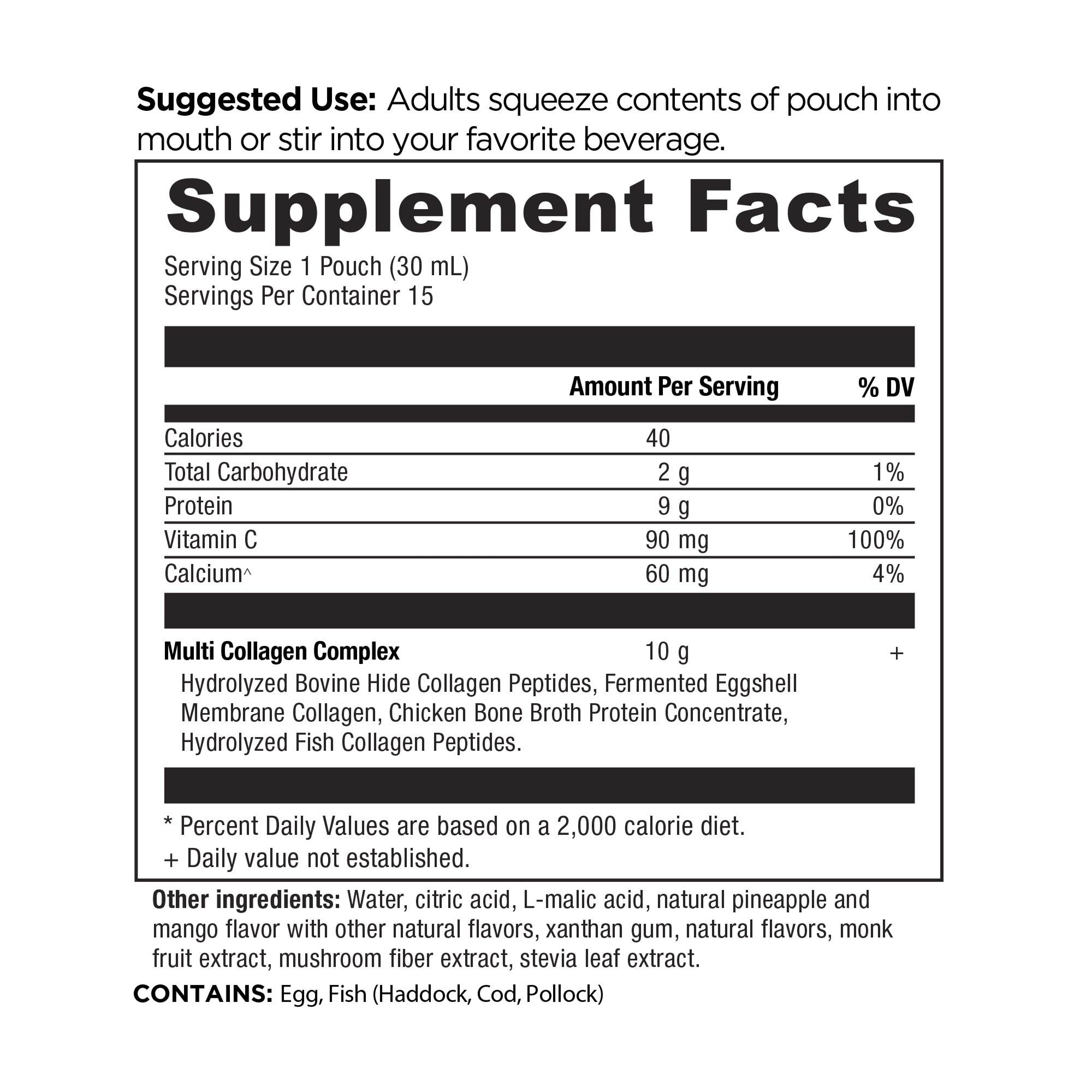 Supplement facts label for a multi-collagen complex supplement on a white background