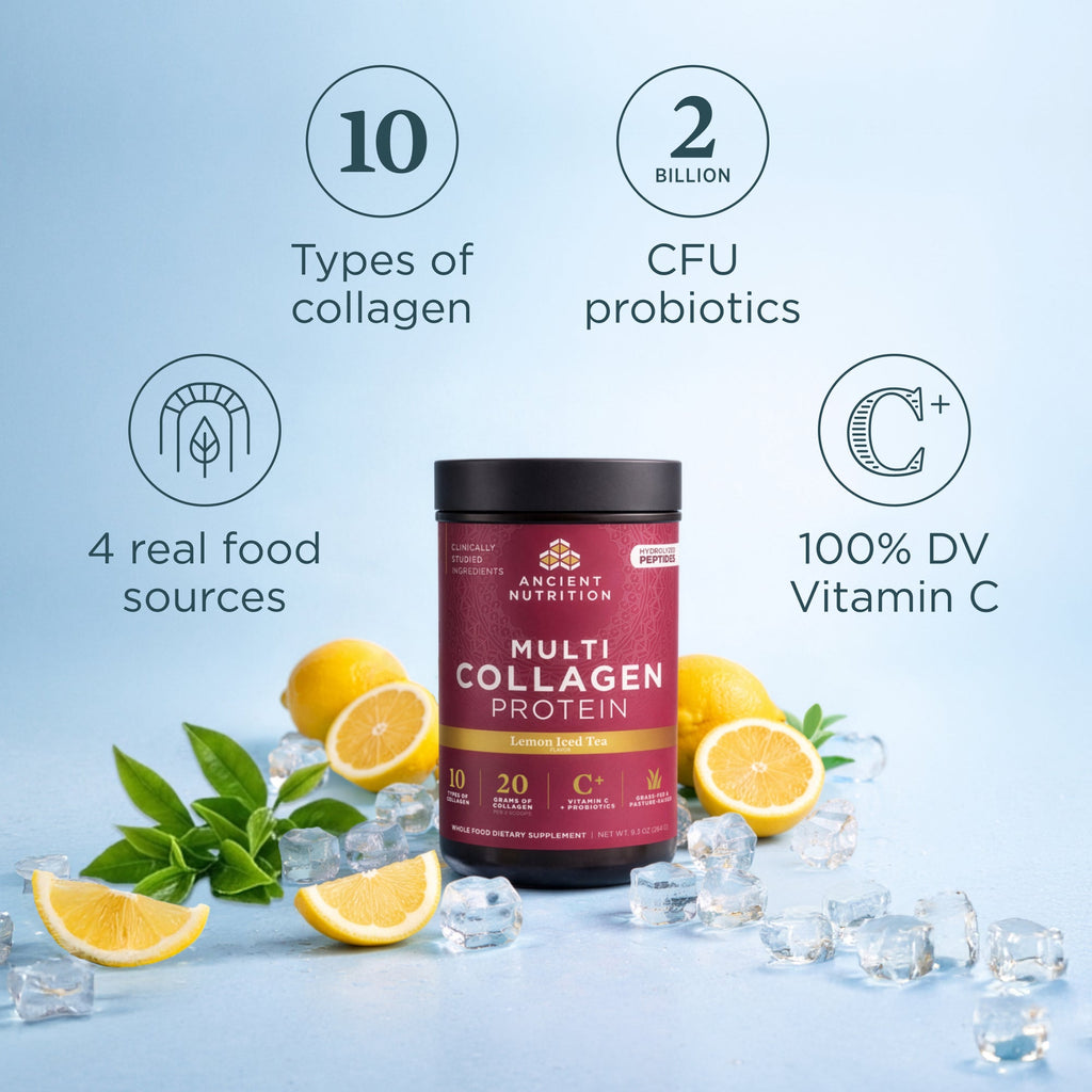 Multi Collagen Protein Lemon Iced Tea bottle with lemon slices and ice cubes surrounding it on a light blue background