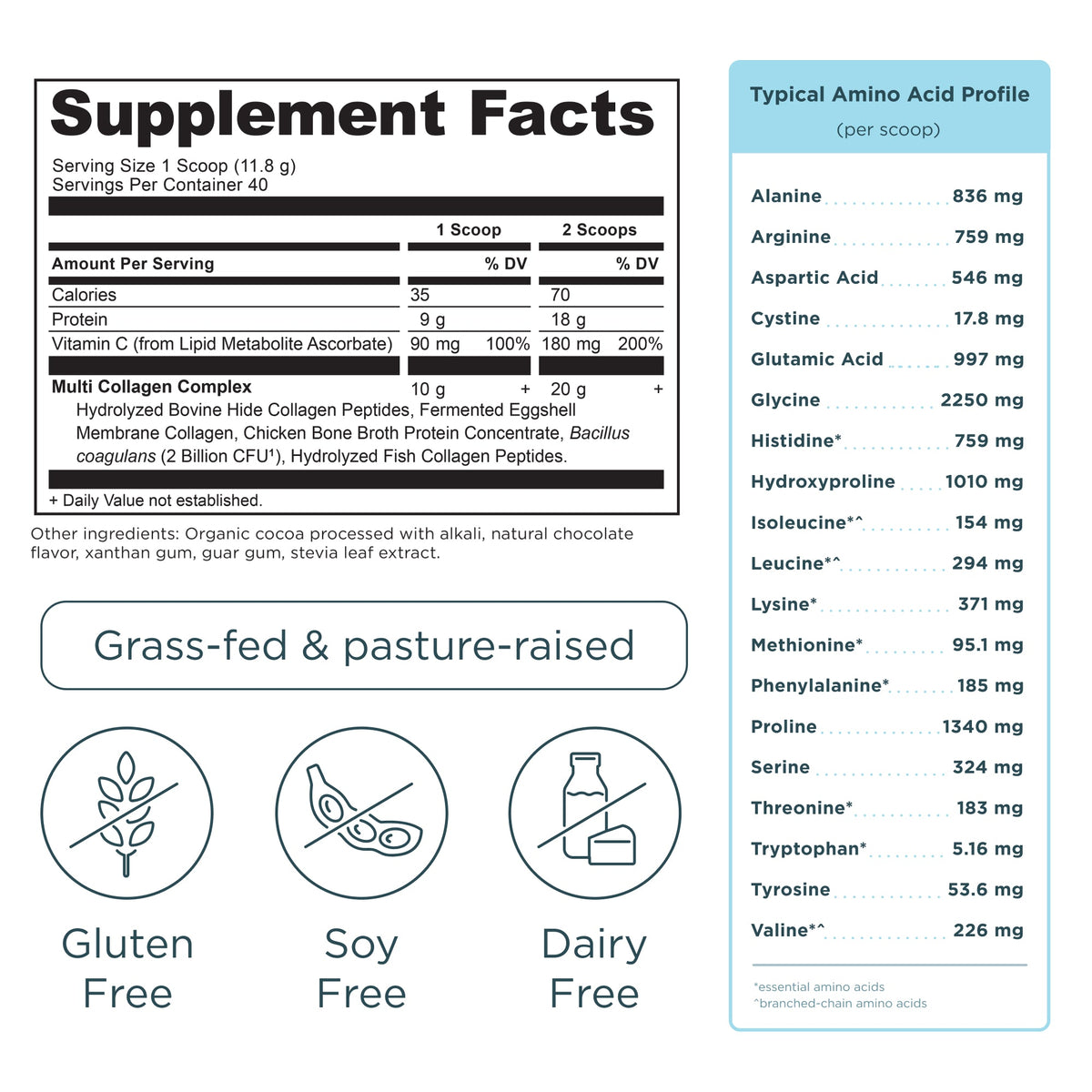 Multi Collagen Protein Powder Chocolate 40 Servings supplement facts panel