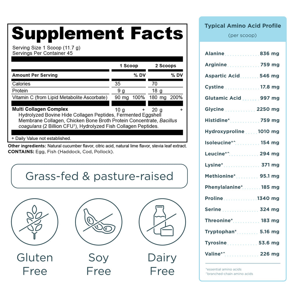 Multi Collagen Protein Powder Cucumber Lime (45 Servings) supplement facts panel