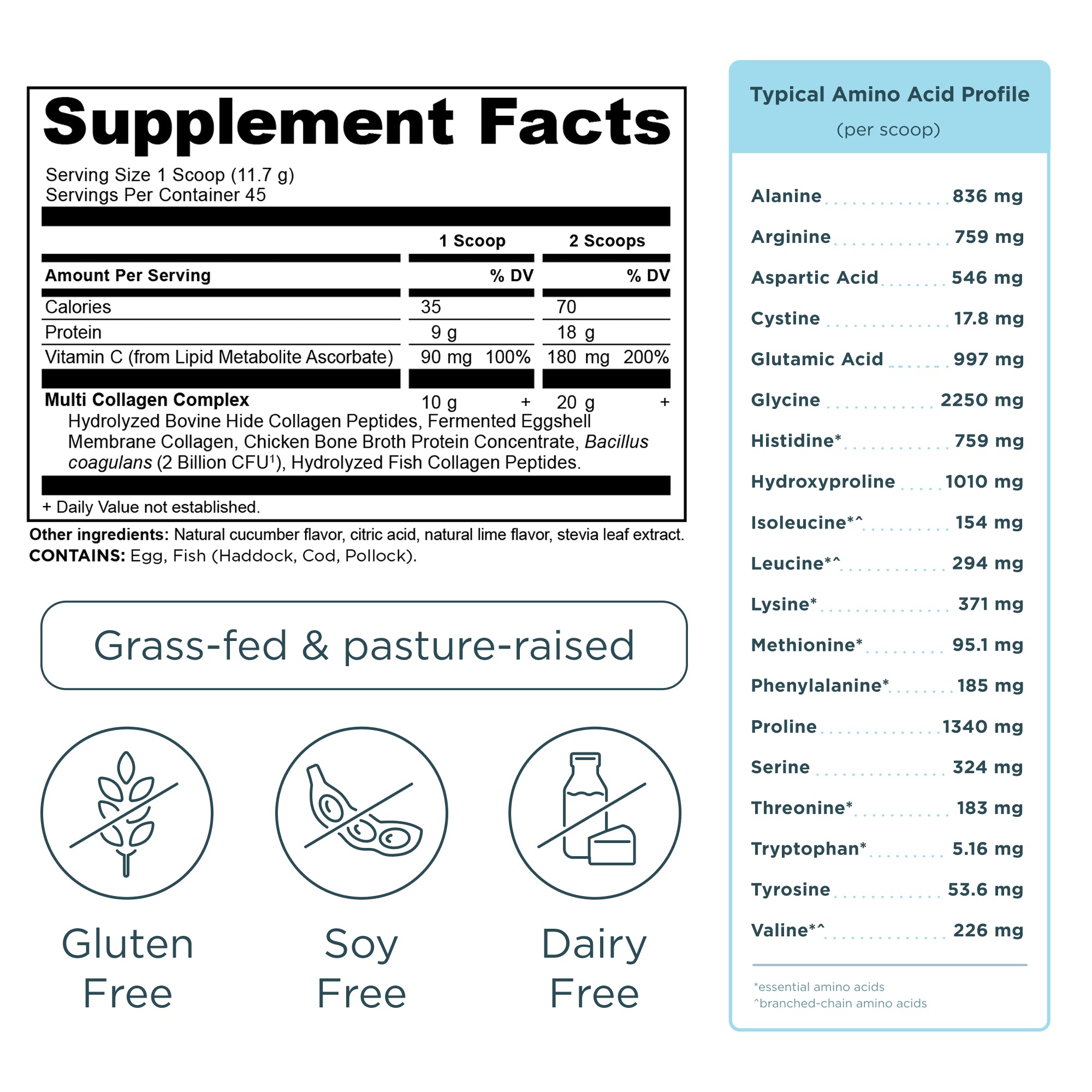 Multi Collagen Protein Powder Cucumber Lime (45 Servings) supplement facts panel