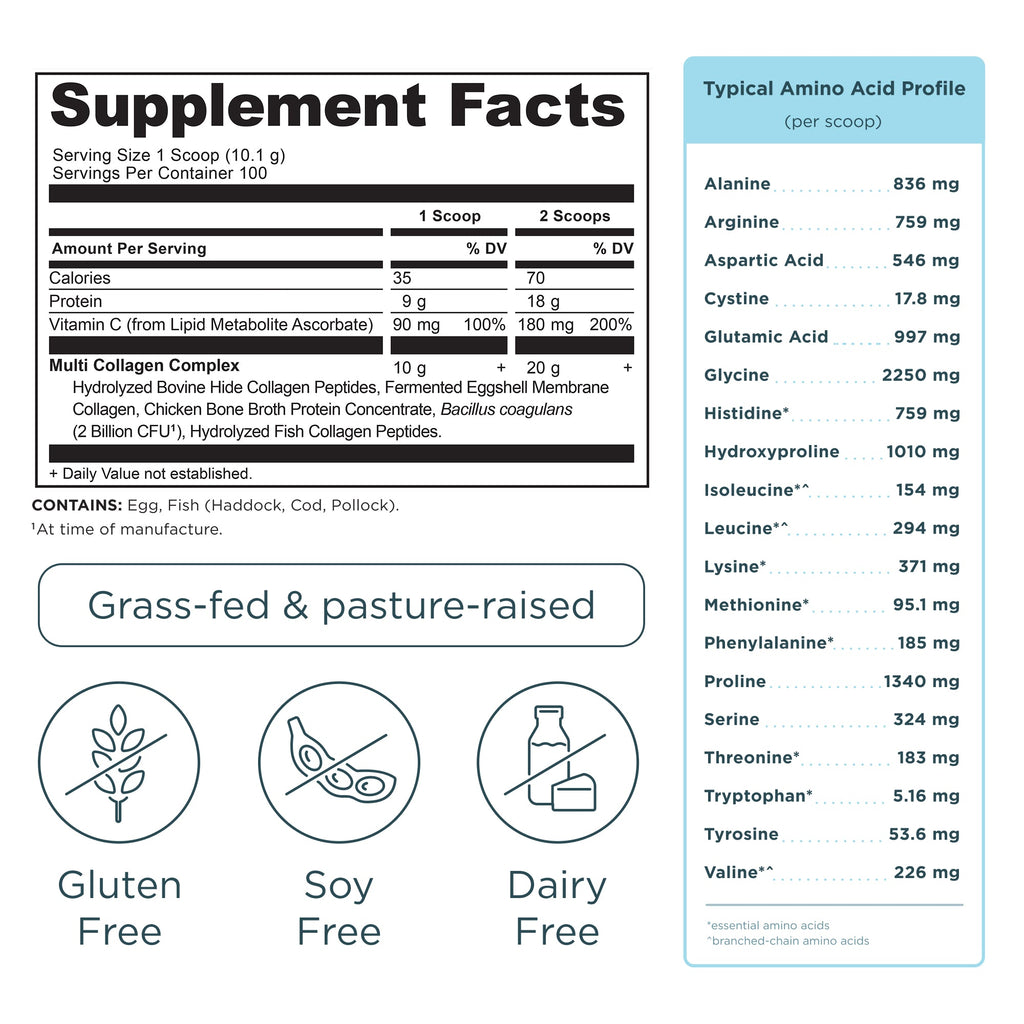 Multi Collagen Protein Powder Unflavored (100 Servings) supplement facts panel