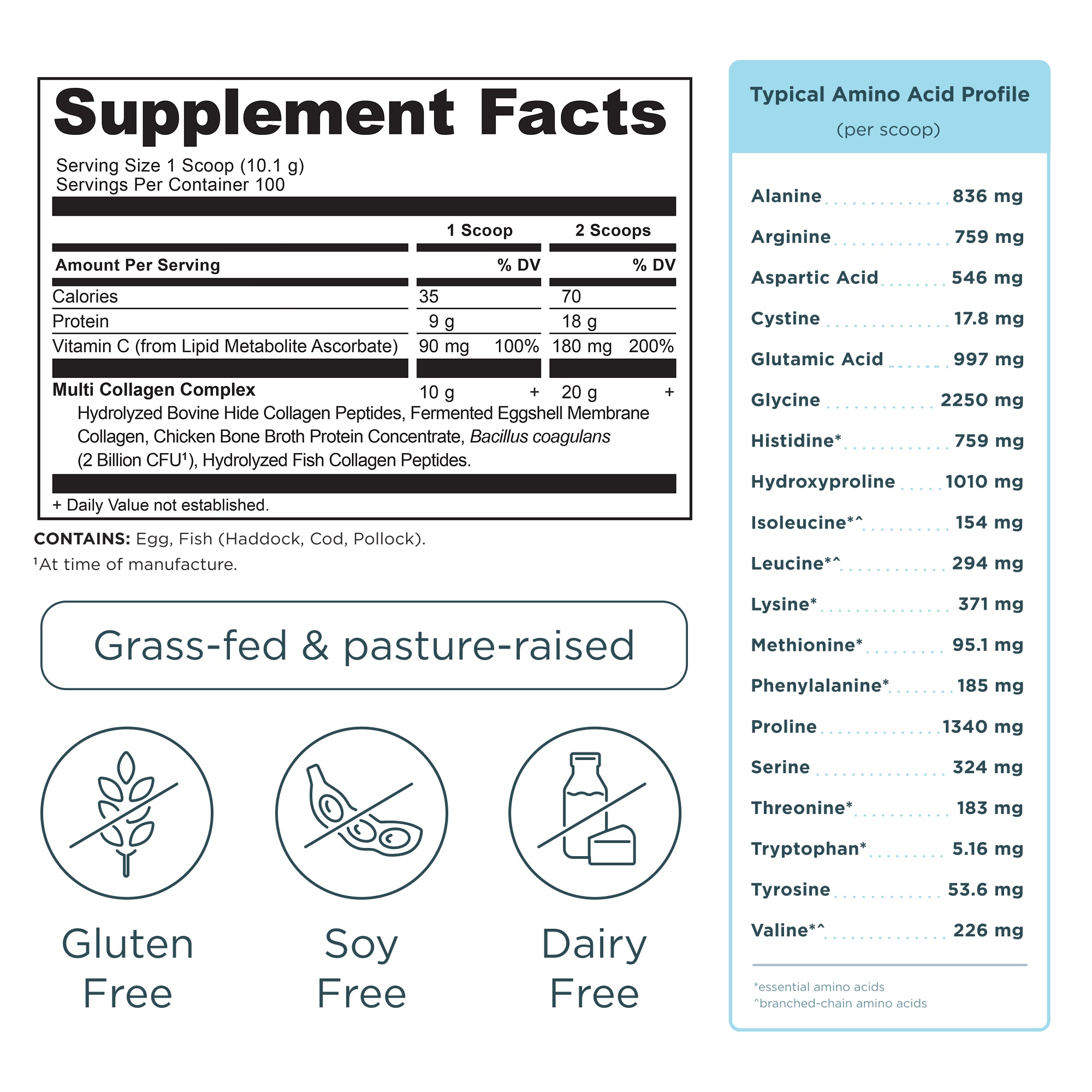 Multi Collagen Protein Powder Unflavored (100 Servings) supplement facts panel