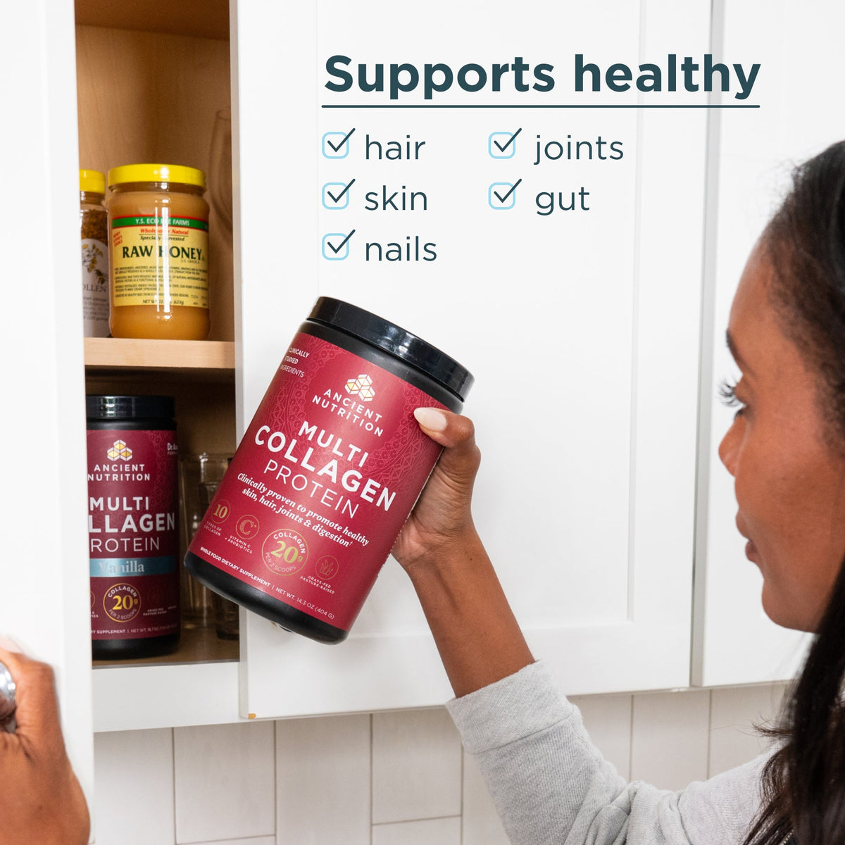 Collagen protein powder supporting healthy hair, skin, nails, joints and gut