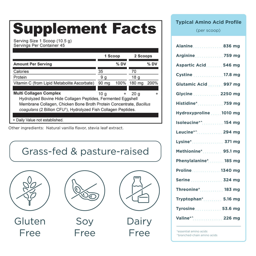 Multi Collagen Protein Powder Vanilla (45 Servings) supplement facts panel 
