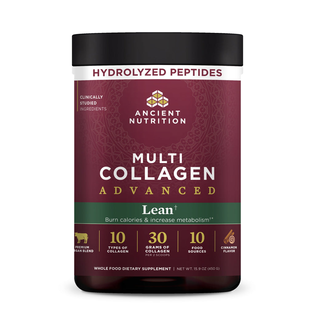 Multi Collagen Advanced Lean Powder Cinnamon (25 Servings) bottle with a callout that says hydrolyzed peptides