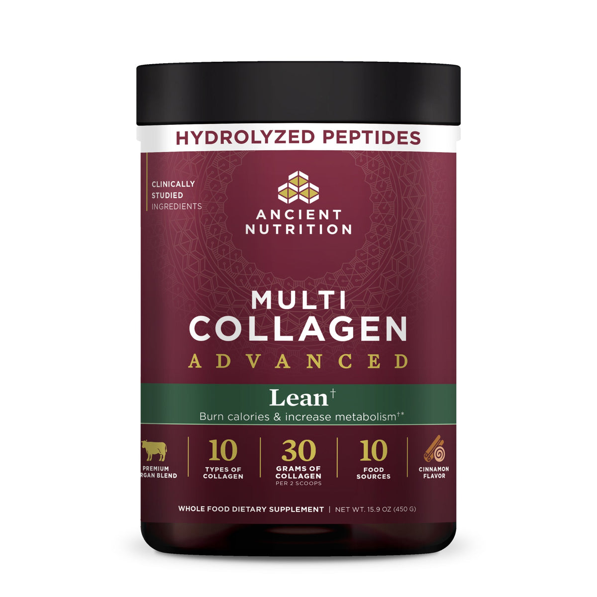 Multi Collagen Advanced Lean Powder Cinnamon (25 Servings) bottle with a callout that says hydrolyzed peptides