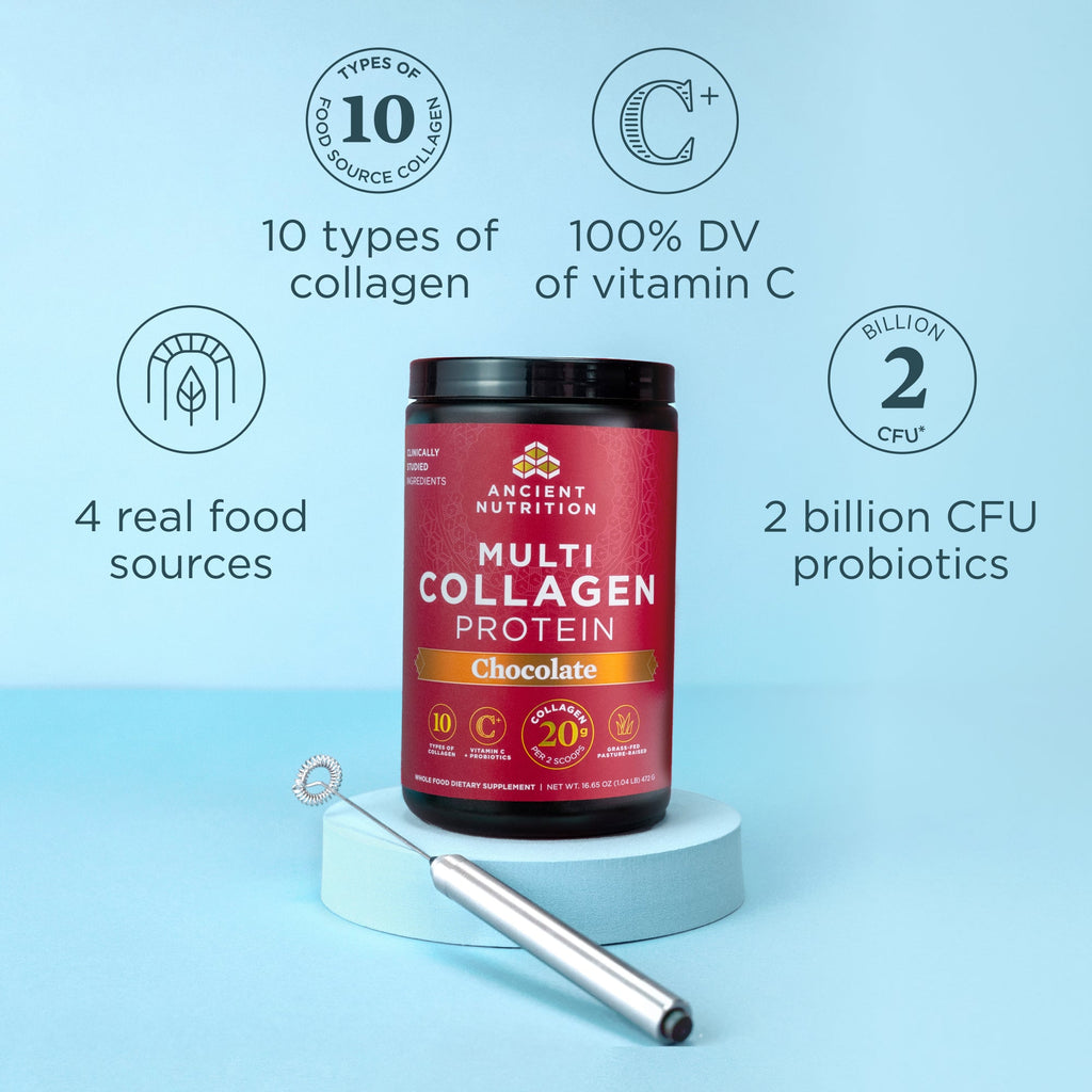 Multi Collagen Protein Powder Chocolate 40 Servings with a frother