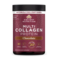 Multi Collagen Protein Powder Chocolate 40 Servings front of bottle with a callout that says hydrolyzed peptides