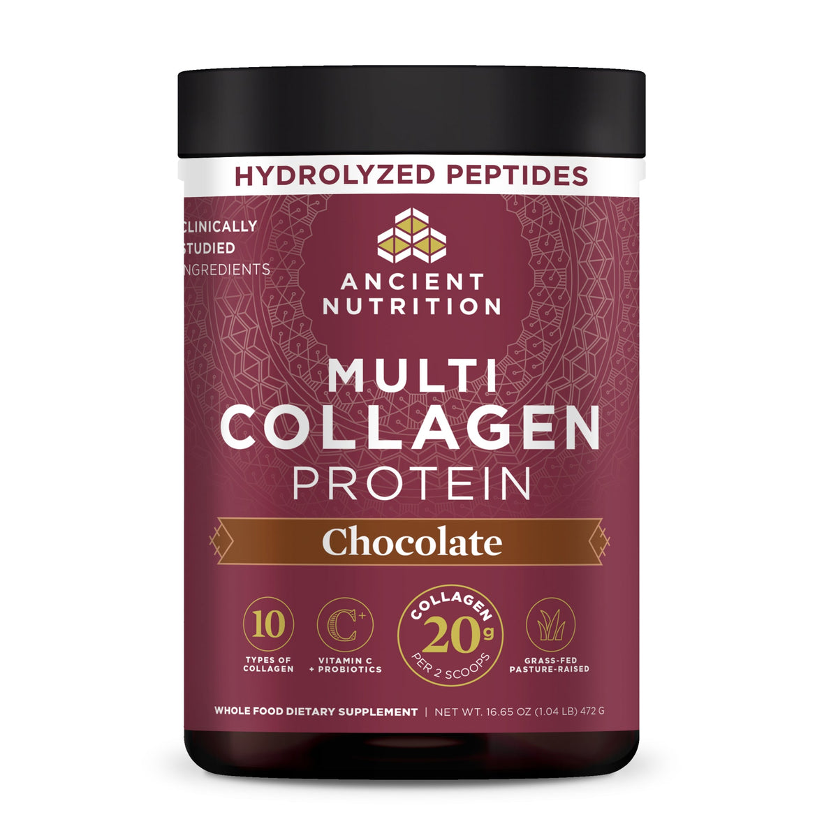Multi Collagen Protein Powder Chocolate 40 Servings front of bottle with a callout that says hydrolyzed peptides