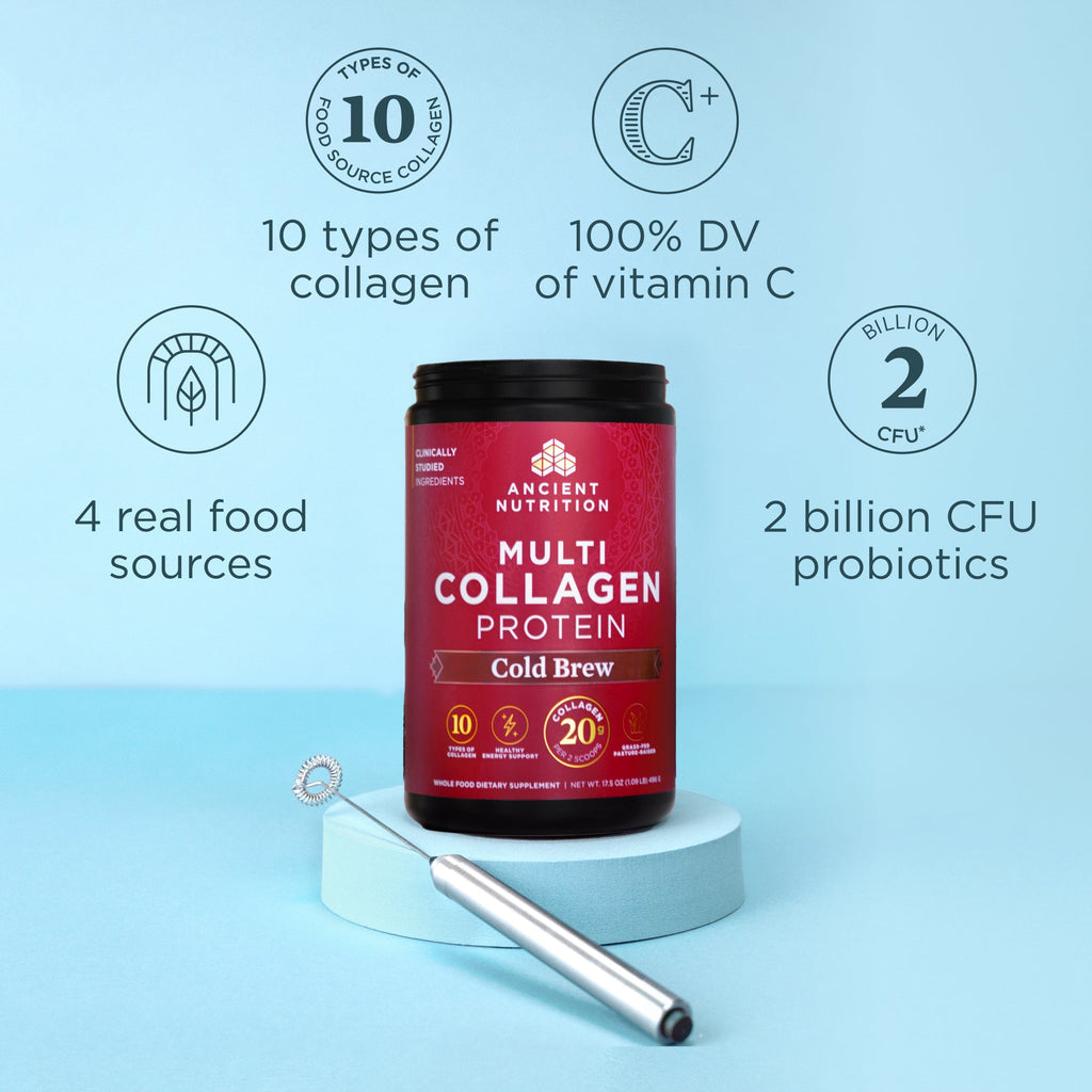 a bottle of Multi Collagen Protein Powder Cold Brew next to a frother