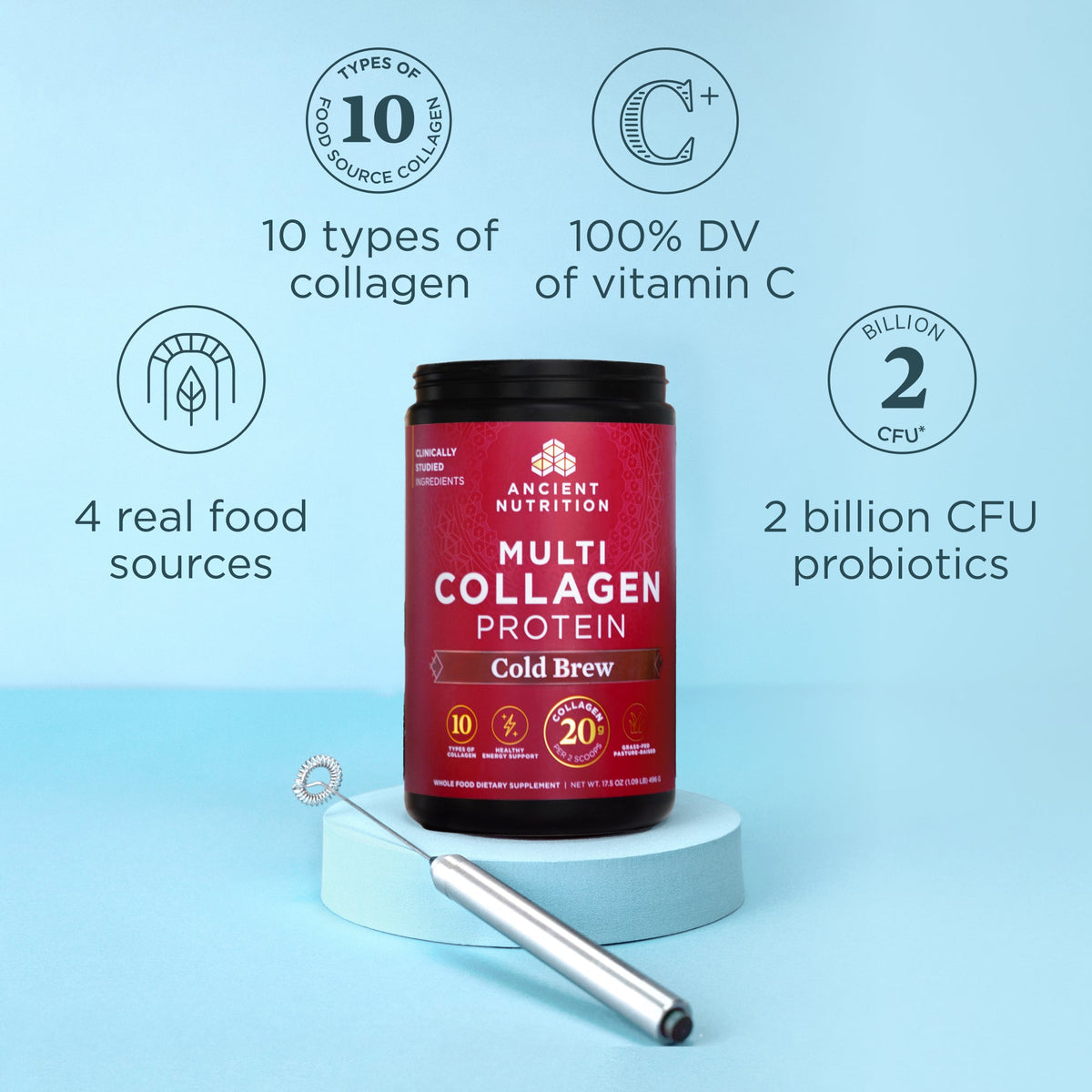 a bottle of Multi Collagen Protein Powder Cold Brew next to a frother