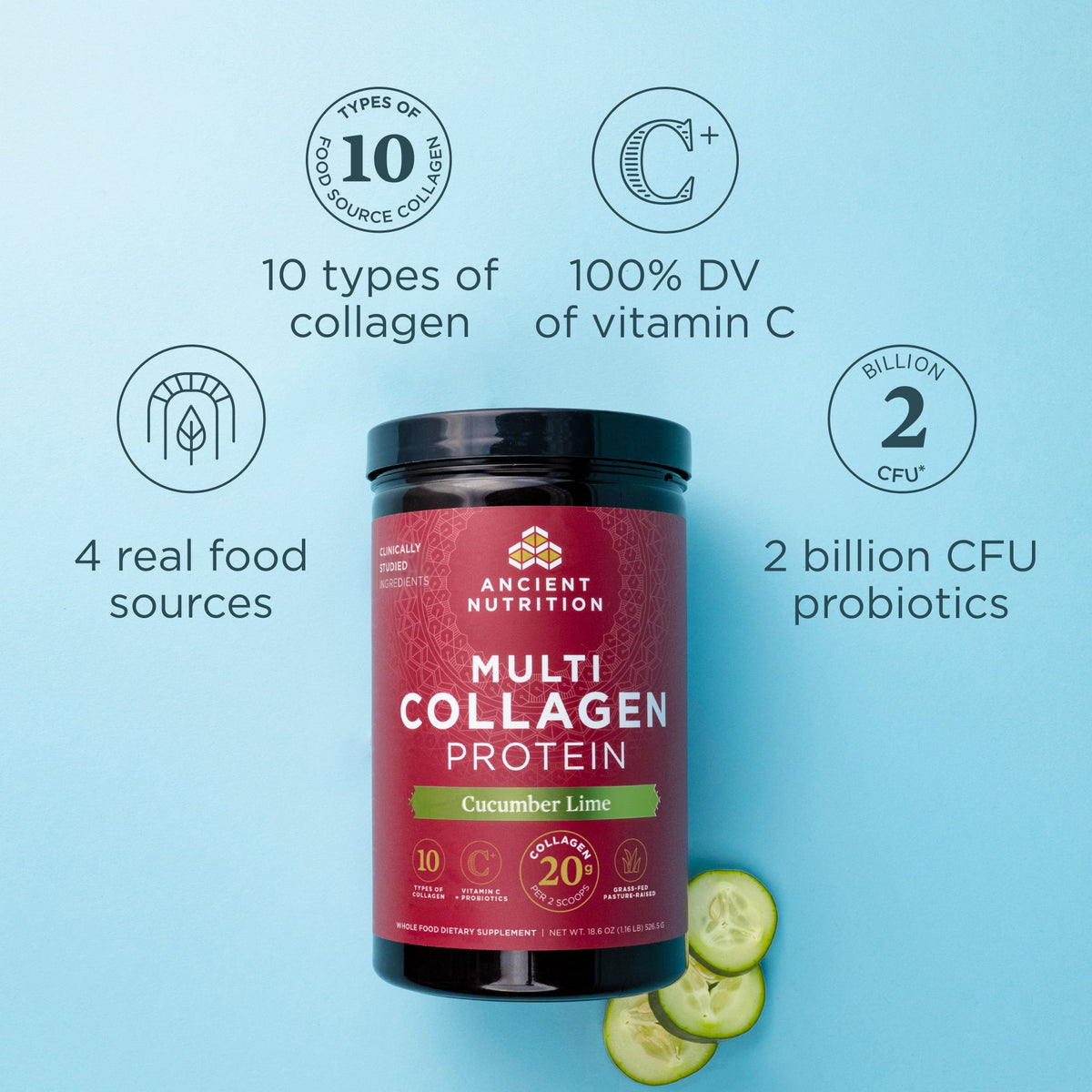 Ancient Nutrition Multi Collagen Protein container with cucumber lime flavor on a light blue background