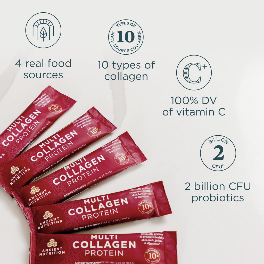 Red packets of multi-collagen protein with nutritional information on a white background