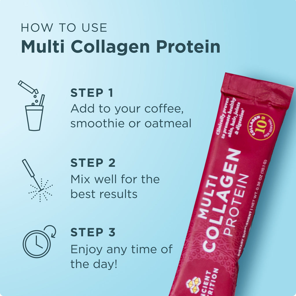 Red multi collagen protein stick pack with usage instructions on a light blue background