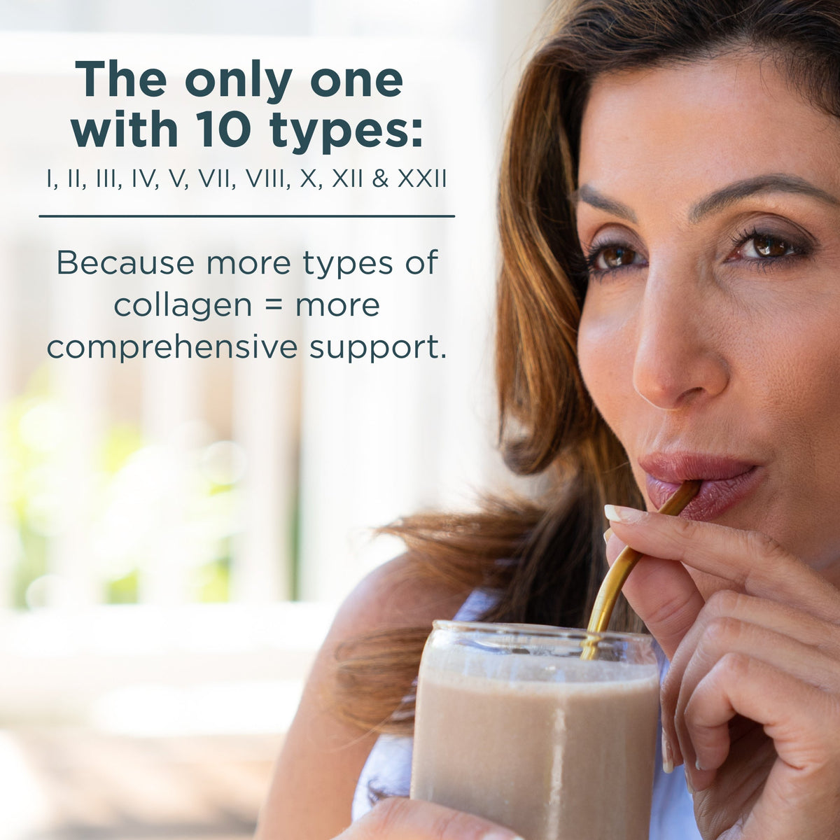 Woman drinking a smoothie with text about collagen types