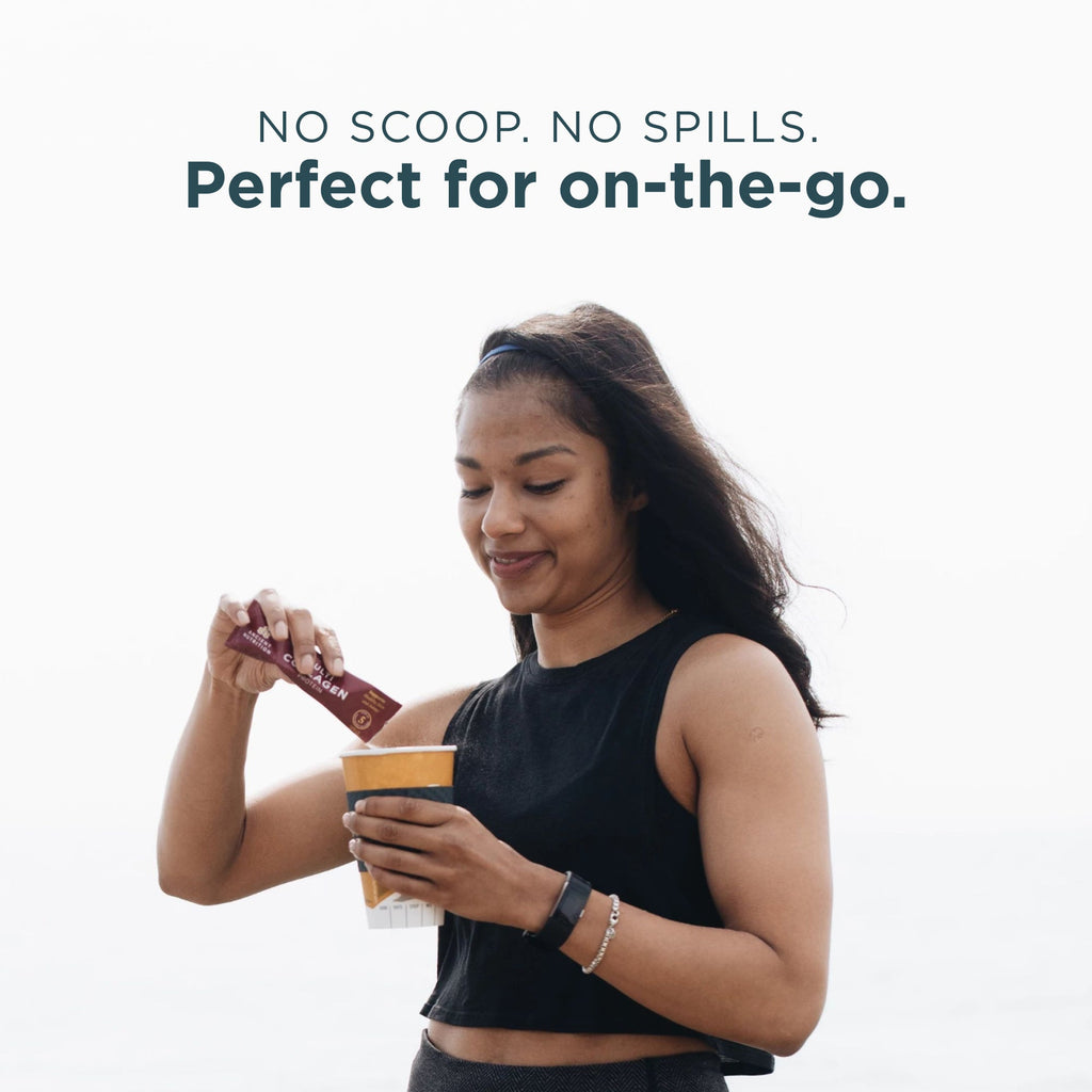 Woman holding a cup and a spoon with text 'No scoop. No spills. Perfect for on-the-go.'