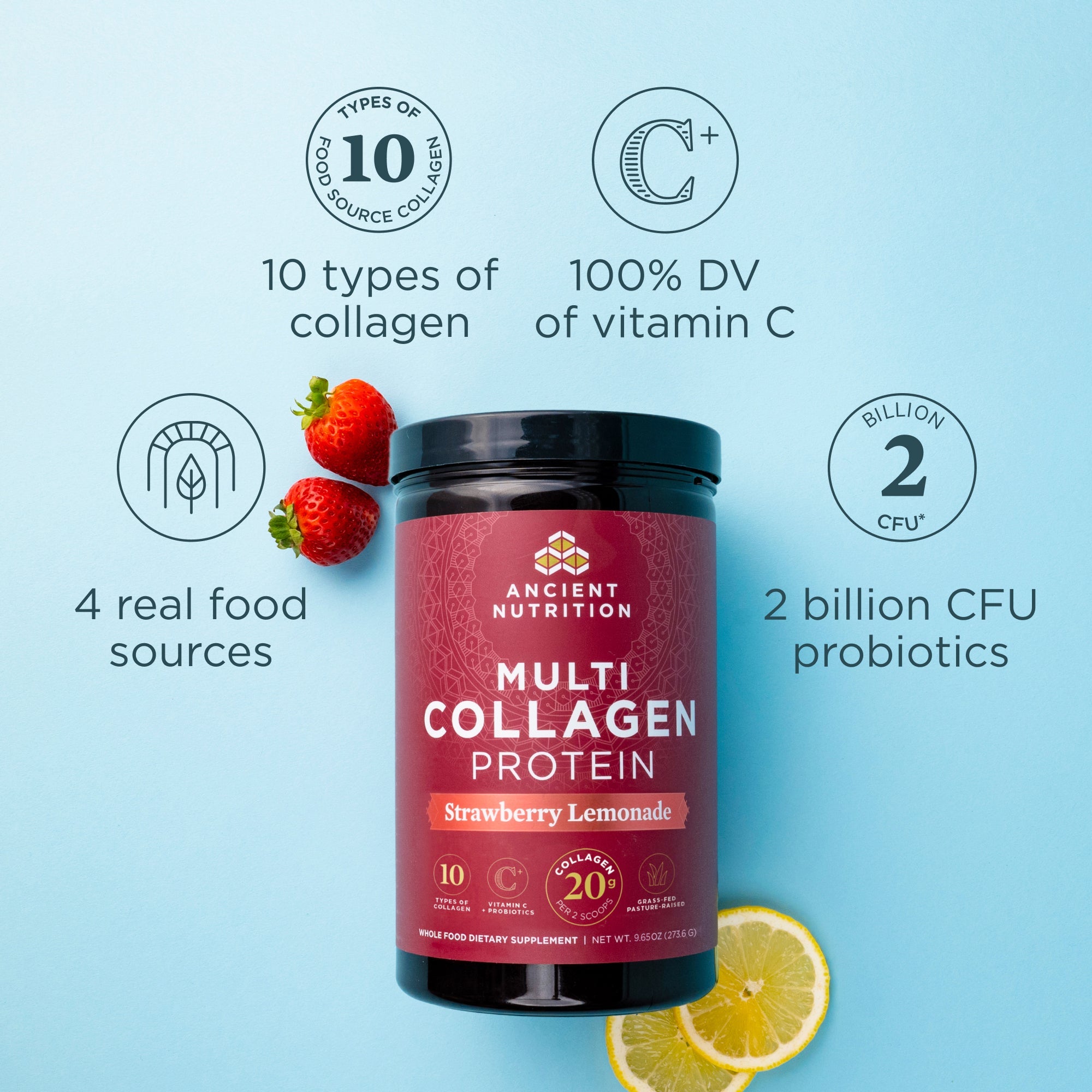a bottle of Multi Collagen Protein Powder Strawberry Lemonade (45 Servings) on a light blue background
