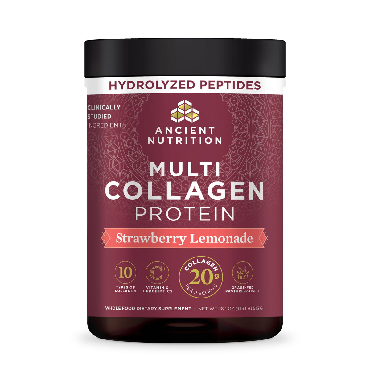 Multi Collagen Protein Powder Strawberry Lemonade (45 Servings) bottle with Hydrolyzed peptides called out on the top of the bottle